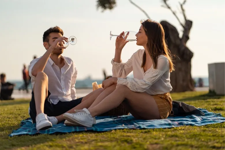 men and women drinking on the ground while picknicking